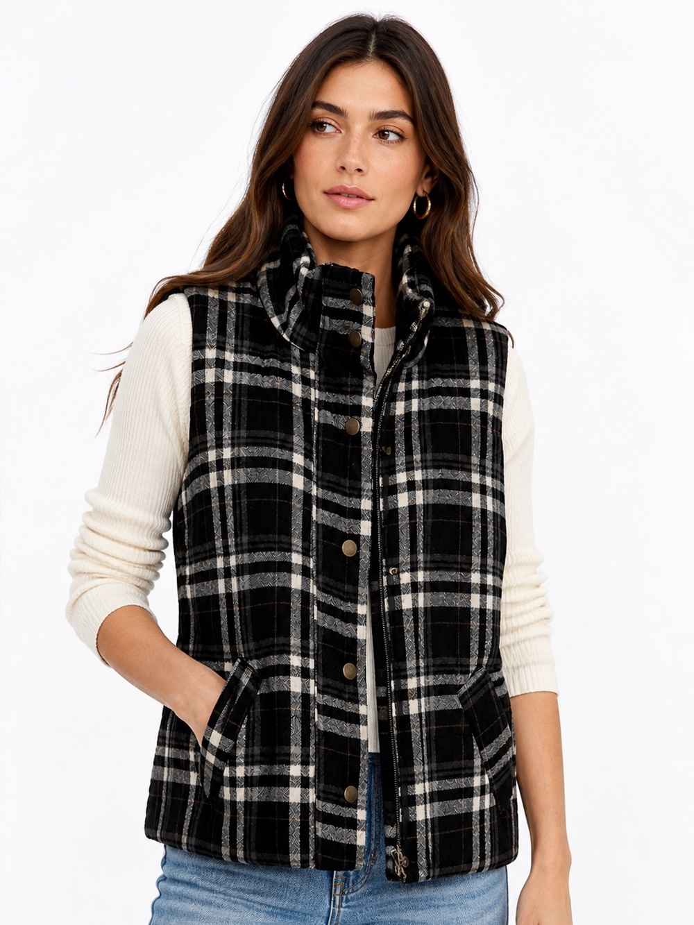 Anthropologie Hei Hei Plaid Puffer Vest Black White Snap Zip Utility Small